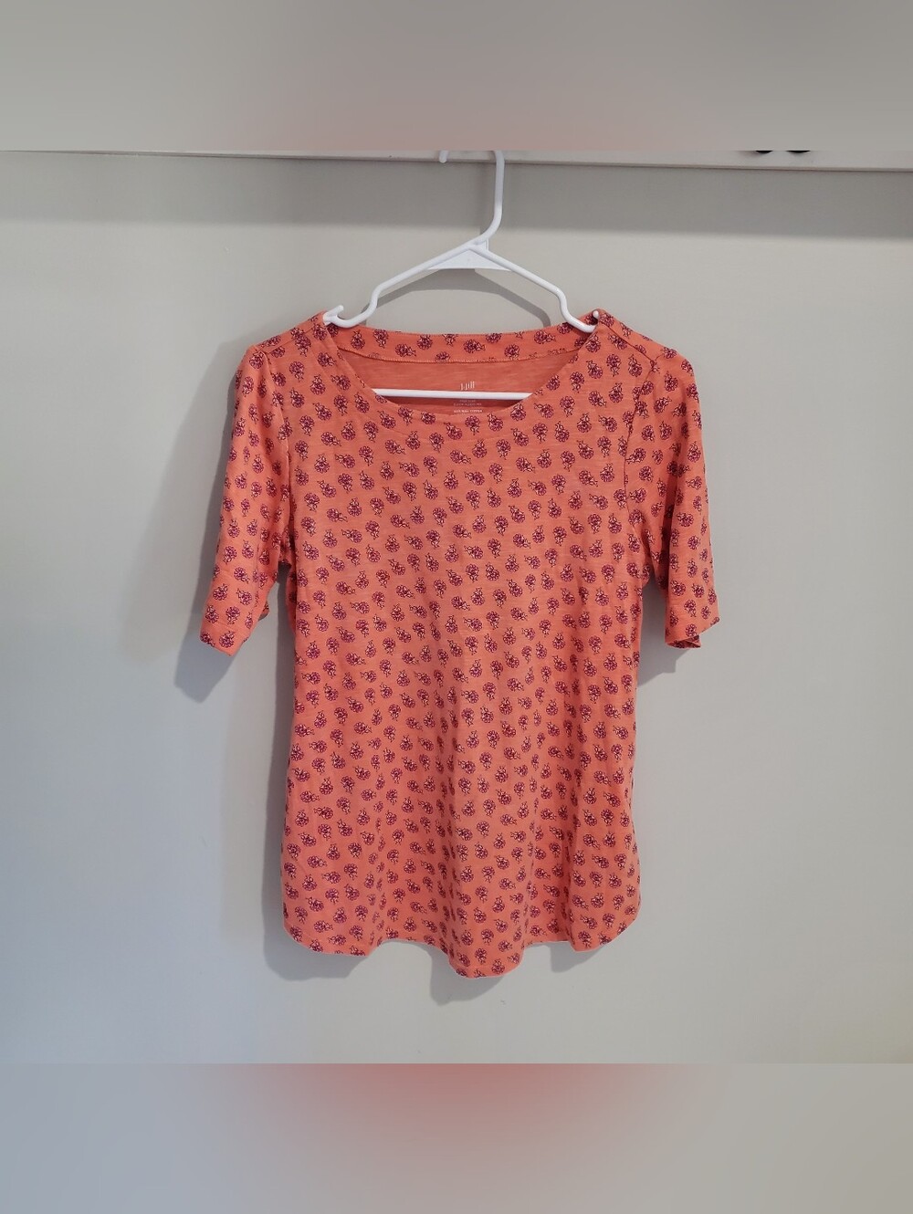 J Jill Shirt Womens Orange Pink Floral Pima Cotton Slub Elbow Sleeve Size S